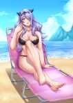  1girl akazai barefoot bikini blush breasts camilla_(fire_emblem_if) cleavage feet fire_emblem fire_emblem_heroes fire_emblem_if hair_over_one_eye highres large_breasts sky solo swimsuit 