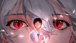  2boys blue_shirt brown_hair chinese_commentary closed_eyes closed_mouth collared_shirt commentary_request grey_hair hair_between_eyes headphones highres holding ikari_shinji male_focus multiple_boys nagisa_kaworu neon_genesis_evangelion open_collar red_eyes shirt short_hair short_sleeves slit_pupils ssssenferda white_shirt 
