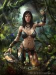  alex_negrea bare_shoulders breasts brown_hair bug butterfly circlet cleavage dagger flower grass insect jewelry leaf legend_of_the_cryptids lingerie long_hair midriff mushroom navel necklace official_art snake solo tattoo teeth tree underwear water watermark weapon web_address 