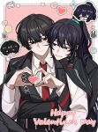  2boys ^_^ akiyamatian arms_around_waist bags_under_eyes belt black_belt black_eyes black_hair black_jacket black_pants black_vest blush chibi chibi_inset closed_eyes closed_mouth collared_shirt commentary green_eyes grin hair_between_eyes half_updo happy_valentine head_on_another's_shoulder heart heart_hands heterochromia highres hong_lu_(project_moon) hug hug_from_behind jacket knee_up limbus_company long_hair long_sleeves looking_at_another male_focus multiple_boys necktie pants project_moon red_necktie shirt short_hair sidelocks sitting smile sparkle untranslatable_commentary valentine very_long_hair vest waist_hug white_shirt wing_collar yaoi yi_sang_(project_moon) 