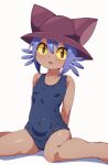  1girl animal_ear_headwear arms_behind_back bare_shoulders blue_one-piece_swimsuit blush breasts brown_hat colored_sclera commentary_request commission covered_navel fang feet_out_of_frame genderswap genderswap_(otf) hat hiro_(pqtks113) large_variant_set looking_at_viewer multi-source_commentary niko_(oneshot) one-piece_swimsuit oneshot_(game) paid_reward_available parted_lips purple_hair school_swimsuit short_hair simple_background sitting skeb_commission slit_pupils small_breasts solo swimsuit variant_set wariza white_background yellow_sclera 