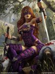  alex_negrea bandages bare_shoulders blood bodysuit boots breasts bug butterfly cleavage corpse curly_hair grass insect leaf legend_of_the_cryptids lipstick long_hair makeup official_art orange_hair sitting sky solo statue sword tree watermark weapon web_address 