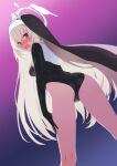  1girl absurdres ass black_gloves black_leotard black_veil blonde_hair blue_archive blush commentary_request crotch_seam embarrassed feet_out_of_frame from_behind from_below gloves gradient_background halo hand_on_own_thigh highres legs_apart leotard long_hair long_sleeves looking_at_viewer looking_back looking_down nose_blush nun official_alternate_costume open_mouth purple_background purple_eyes sakurako_(blue_archive) sakurako_(justina_uniform)_(blue_archive) shinomi_(pixiv45311197) solo standing straight_hair turning_head veil white_halo 