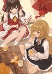  2girls absurdres ascot bare_shoulders black_skirt black_vest blonde_hair bow braid brown_eyes brown_hair chabudai chinese_commentary chinese_new_year chinese_text closed_mouth collared_shirt commentary cup detached_sleeves doufang eating food frilled_hair_tubes frilled_shirt_collar frilled_skirt frills fruit good_fortune_symbol hair_bow hair_tubes hakurei_reimu highres holding holding_cup holding_food holding_fruit indian_style kirisame_marisa long_hair long_sleeves missing_headwear multiple_girls open_mouth orange_(fruit) purple_bow red_bow red_shirt red_skirt shijiu_(shizuoxing) shirt side_braid single_braid sitting skirt smile socks table touhou translated vest white_shirt white_sleeves white_socks wide_sleeves yellow_ascot yellow_eyes yokozuwari yunomi 