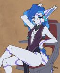  2017 android anthro big_ears blue_hair chair clothed clothing collar crossed_legs eyeshadow female fluff-kevlar fur green_eyes hair looking_at_viewer machine makeup robot white_fur zeta_(fluff-kevlar) 