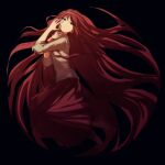  1girl black_background circle collared_shirt hashtag-only_commentary headband highres long_hair looking_at_viewer pleated_skirt red_hair red_shoes red_skirt shirt shoes skirt solo tara3763 tohno_akiha tsukihime type-moon white_headband white_shirt 