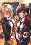  2girls acoustic_guitar alternate_costume amplifier aoi_erika aqua_eyes black_hair black_jacket black_necktie black_pants blue_nails blush breasts collared_shirt cowboy_shot guitar hair_between_eyes hair_ornament hair_over_one_eye hairclip hashtag-only_commentary heaven_burns_red highres holding holding_guitar holding_instrument holding_plectrum indoors instrument jacket kayamori_ruka large_breasts long_bangs looking_at_viewer medium_hair microphone multiple_girls nail_polish necktie noir_(nowaru) official_alternate_costume one_eye_covered open_clothes open_jacket pants parallel_hairclips plectrum red_eyes red_nails red_shoes shirt shoes short_hair side-by-side white_shirt wolf_cut wooden_floor 