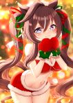  1girl :3 animal_ears bandeau bare_shoulders blue_eyes blush bow breasts brown_hair christmas cleavage closed_mouth commentary_request fur-trimmed_bandeau fur-trimmed_shorts fur_trim green_bow green_ribbon hair_between_eyes hat horse_ears horse_girl horse_tail komaki_yuzu large_breasts long_hair looking_at_viewer mittens mole mole_under_eye multicolored_hair navel red_bandeau red_mittens red_ribbon red_shorts ribbon santa_costume shorts smile solo stomach streaked_hair tail twintails umamusume vivlos_(umamusume) 