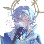  1boy absurdres averting_eyes black_gloves blush earrings eric093781 gloves hair_between_eyes halo halo_behind_head highres honkai:_star_rail honkai_(series) jewelry male_focus piercing simple_background solo spiked_halo spoken_blush sunday_(honkai:_star_rail) white_background wing_piercing yellow_eyes 