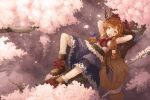  02charaice20 1girl absurdres arms_behind_head ascot belt blue_skirt blunt_bangs boots bow brown_boots brown_hair brown_horns cherry_blossoms commentary dragon_horns duplicate english_commentary falling_leaves fang footwear_bow full_body gourd hair_bow highres horn_ornament horn_ribbon horns ibuki_suika in_tree knee_up leaf long_hair long_skirt low-tied_long_hair lying lying_on_branch on_back on_tree oni open_mouth orange_eyes orange_hair painterly pink_background pixel_art purple_skirt red_ascot red_bow red_ribbon ribbon shirt sitting sitting_in_tree sitting_on_branch skin_fang skirt sleeveless smile solo touhou tree very_long_hair white_shirt 