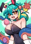 1girl ahoge animal_ear_hairband animal_ears aqua_hair biyon_tran black_leotard blonde_streaks breasts commentary double-parted_bangs english_commentary fake_animal_ears hair_between_eyes hair_ornament hairband highres large_breasts leotard looking_at_viewer medium_hair multicolored_hair open_mouth original playboy_bunny pointy_ears rabbit_ear_hairband rabbit_ears sharp_teeth smile solo strapless strapless_leotard streaked_hair teeth tentacle_girl upper_body yellow_eyes 