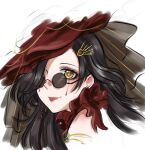  1girl armlet black-framed_eyewear black_bow black_hair bow bowtie closed_mouth commentary cropped_torso dress earrings english_commentary eyelashes gold_armlet hair_ornament hair_over_one_eye hairclip happy hat hat_bow highres jewelry large_bow light_blush lipstick long_hair looking_at_viewer makeup nikki_(series) nonoberry22 red_bow red_bowtie red_dress red_hat red_lips round_eyewear runny_makeup shining_nikki simple_background sleeveless sleeveless_dress smile solo striped_bow stud_earrings stylist_(nikki) sunglasses wavy_hair white_background yellow_eyes yellow_pupils 