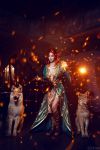  1girl blue_eyes breasts circlet cosplay costume dress freckles full_body helly_von_valentine_(disharmonica) indoors jewelry large_breasts long_hair magic necklace no_bra parted_lips photo red_hair robe sandals side_braids solo standing the_witcher triss_merigold wolf 