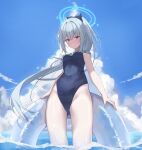  1girl absurdres bare_arms bare_legs blue_archive blue_bow blue_halo blue_one-piece_swimsuit blue_sky blush bow cloud commentary_request cowboy_shot donut_innertube dot_nose frilled_one-piece_swimsuit frills from_below hair_between_eyes hair_bow hair_intakes halo highleg highres holding holding_swim_ring innertube long_hair looking_at_viewer looking_down miyako_(blue_archive) miyako_(swimsuit)_(blue_archive) navel ocean official_alternate_costume one-piece_swimsuit open_mouth parted_lips partially_underwater_shot purple_eyes rdeenz see-through_clothes sidelocks sky smile solo standing swim_ring swimsuit teeth thighs water wet wet_clothes wet_swimsuit white_hair 