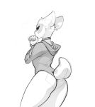  5_fingers anthro butt choker clothed clothing ear_markings ears_back eyebrows eyelashes facial_markings fully_clothed greyscale hoodie kae_esrial looking_back mammal markings monochrome portrait qualzar rear_view sketch solo standing tail_markings tarunah three-quarter_portrait wide_hips 