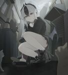  1girl absurdres alley animal black_choker black_hair black_hoodie black_horns black_shoes blue_archive can canned_food cat choker demon_horns earclip from_below grey_halo grey_sky hair_between_eyes halo highres hood hoodie horns kayoko_(blue_archive) looking_at_viewer miniskirt mole mole_on_neck multicolored_hair outdoors overcast parted_lips ponytail red_eyes red_skirt shoes shyorc single_wing skirt sky solo squatting trash_can two-tone_hair urban white_hair wings 