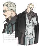  1boy artist_name black_necktie blonde_hair cigarette formal_clothes hair_pulled_back holding holding_cigarette jacket male_focus necktie resident_evil resident_evil_requiem round_eyewear signature smoke smoking solo suit suit_jacket sunglasses tatsumi_(psmhbpiuczn) twitter_username zeno_(resident_evil) 