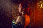  1girl back circlet cosplay costume dress freckles helly_von_valentine_(disharmonica) indoors jewelry looking_afar makeup necklace no_bra off_shoulder parted_lips photo red_hair robe side_braids solo the_witcher triss_merigold undressing upper_body 
