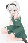  1girl ankle_socks black_bow black_hairband black_shoes blue_eyes bow bow_hairband commentary green_skirt green_vest hairband highres hitodama_print konpaku_youmu loafers nise6 open_mouth print_skirt print_vest shirt shoes short_hair simple_background sitting skirt socks solo touhou tucking_hair vest white_background white_hair white_shirt white_socks 
