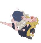  2girls absurdres ahoge black_skirt blonde_hair blue_hair blush bocchi_the_rock! collared_shirt commentary_request highres ijichi_nijika kissing_chest korean_commentary long_hair multiple_girls open_mouth pa_ttt school_uniform shimokitazawa_high_school_uniform shirt side_ponytail simple_background skirt tears white_background white_shirt yamada_ryo yuri 