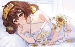  1girl bow braid breasts brown_eyes brown_hair cleavage commentary criss-cross_straps flower hair_bow highres lips mask mask_on_head original sakichka sleep_mask smile solo sunflower thighhighs twitter_username white_thighhighs ych_commission yellow_bow 