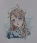  1girl belt black_shirt blue_eyes bow brown_hair closed_mouth collar commentary cropped_torso detached_collar earrings english_commentary eyelashes frilled_collar frills grey_bow halo happy highres jewel_under_eye jewelry light_blush lipstick long_hair makeup nikki_(series) nonoberry22 nostrils planet_earrings red_lips shining_nikki shirt shoulder_bow single_sidelock smile solo star_(symbol) stylist_(nikki) swept_bangs traditional_media wavy_hair white_belt white_collar 