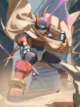  2boys absurdres arm_cannon armor battle_damage blonde_hair brown_cloak cloak commentary_request ears_back energy_sword full_body helmet highres holding holding_sword holding_weapon long_hair mega_man_(series) mega_man_zero_(series) mega_man_zero_2 multiple_boys omochi_(mochi_skymega) pantheon_(mega_man) red_armor red_helmet sword weapon z_saber zero(z)_(mega_man) zero_(mega_man) 