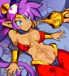  bandana blue_eyes blush bracer breasts breasts_apart cleavage commentary dark_skin earrings eyelashes harem_pants jewelry long_hair looking_at_viewer medium_breasts navel o-ring o-ring_top off_shoulder oil oil_lamp open_clothes pants pointy_ears ponytail purple_hair reclining shantae_(character) shantae_(series) smile solo stomach toned typo_(requiemdusk) very_long_hair vest 