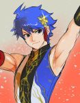  &gt;:) alternate_costume armpits arms_up blue_eyes blue_hair bubble_pop_sdk closed_mouth gradient gradient_background hair_ornament idolmaster idolmaster_side-m idolmaster_side-m_live_on_stage! male_focus pink_background sleeveless smile solo taiga_takeru tassel upper_body 