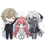  1boy 2girls :o absurdly_long_hair ahoge ankle_bow anklet bare_legs bare_shoulders beads belt belt_buckle black_belt black_dress black_gloves black_jacket black_pants black_ribbon black_shirt black_shoes black_skin blonde_hair blunt_bangs bow bowtie brooch brown_eyes brown_pupils buckle caprico_(shining_nikki) center_opening chibi circlet cloak closed_mouth collar colored_eyelashes colored_inner_hair colored_skin commentary covered_navel denim detached_collar dress elbow_gloves english_commentary expressionless eyelashes fingerless_gloves four-pointed_star frilled_dress frilled_gloves frills gloves glow_(shining_nikki) gown grey_eyes grey_pupils guides_of_star_(shining_nikki) hair_beads hair_between_eyes hair_ornament hair_ribbon hands_on_lap happy headpat heart height_difference highres hood hood_down hooded_cloak jacket jeans jewelry light_blush long_dress long_hair long_sidelocks long_sleeves looking_at_another messy_hair motion_lines multicolored_hair multiple_girls nikki_(nikki) nikki_(series) nonoberry22 off-shoulder_dress off_shoulder pants parted_lips pink_hair pleated_dress pocket print_dress ribbon shining_nikki shirt shoes short_dress short_hair short_sleeves sidelocks simple_background smile space_print star_(symbol) star_beyond_galaxy_(shining_nikki) star_brooch star_hair_ornament starry_sky_print strapless strapless_dress very_long_hair wavy_hair white_background white_bow white_bowtie white_cloak white_collar white_dress white_gloves white_hair white_ribbon white_shoes yellow_eyes 