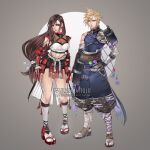  1boy 1girl alternate_costume armor artist_name black_hair blonde_hair blue_eyes blue_pants breasts brown_hair closed_mouth cloud_strife commentary crop_top earrings english_commentary final_fantasy final_fantasy_vii full_body grey_background hand_on_own_hip highres ilabarattolo jewelry long_hair looking_at_viewer low-tied_long_hair materia medium_breasts midriff pants red_eyes rope sandals see-through_cleavage see-through_clothes short_hair shoulder_armor socks spiked_hair standing tifa_lockhart white_socks 