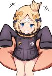  1girl abigail_williams_(fate/grand_order) absurdres arms_up bangs black_bow black_jacket blonde_hair blue_eyes blush bow commentary_request eyebrows_visible_through_hair fate/grand_order fate_(series) grin hair_bow hair_bun heroic_spirit_traveling_outfit highres jacket long_hair long_sleeves looking_at_viewer mitchi orange_bow parted_bangs simple_background sitting sleeves_past_fingers sleeves_past_wrists smile solo white_background 