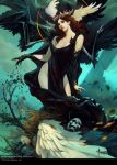  angel artist_name bayard_wu blue_eyes breasts circlet cleavage curly_hair feathered_wings grass highres leaf legend_of_the_cryptids long_hair official_art open_mouth orange_hair skull solo teeth tree watermark web_address wings 
