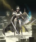  1girl absurdres armor arowana2111 belt black_cape black_eyes black_hair boobplate book breasts brown_belt cape commentary couter cuisses dated_commentary english_commentary full_body gauntlets greaves highres holding holding_shield holding_sword holding_weapon large_breasts long_sword looking_at_viewer nun_headdress original panty_straps pauldrons pelvic_curtain poleyn sabaton shield shoulder_armor solo standing sword unsheathed weapon 