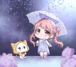  1girl :3 :o ahoge animal bare_shoulders bow bow_choker bowtie brown_eyes cat chibi choker cloak closed_mouth clothed_animal commentary dot_nose dress dress_flower ear_covers earrings english_commentary expressionless eyelashes falling_petals flower flower_earrings frilled_wrist_cuffs frills hair_bun hair_flower hair_ornament happy highres holding holding_umbrella hood hood_up hooded_cloak humble_flowery_rain_(shining_nikki) jewelry leg_ribbon light_blush long_hair medium_dress momo_(nikki) neck_flower night nikki_(nikki) nikki_(series) nonoberry22 outdoors parted_lips petals pink_hair purple_bow purple_bowtie purple_choker purple_dress purple_flower purple_ribbon purple_shoes purple_sky purple_theme purple_umbrella purple_wrist_cuffs red_bow red_bowtie ribbon shining_nikki shoes sidelocks single_side_bun sitting sky sleeveless sleeveless_dress standing star_(sky) starry_sky traditional_bowtie twintails umbrella umbrella_over_shoulder wavy_hair white_cat wrist_cuffs yellow_cloak 