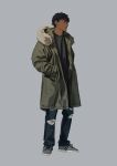  1boy absurdres alternate_costume black_hair black_shirt blue_pants coat commentary_request contemporary daki_info dark-skinned_male dark_skin denim dungeon_meshi full_body fur-trimmed_hood fur_trim grey_background grey_coat highres hood hooded_coat jeans kabru korean_commentary long_sleeves male_focus open_clothes open_coat pants shirt short_hair simple_background solo torn_clothes torn_jeans torn_pants white_fur 