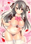  arm_at_side bangs bare_arms black_ribbon bow bowtie breasts brown_eyes cleavage closed_mouth covered_nipples eyebrows_visible_through_hair flower grey_hair hair_between_eyes hair_ornament hairclip haruna_(kantai_collection) highres kantai_collection large_breasts long_hair looking_at_viewer maid_headdress marker_(medium) navel panties petals pink_bow pink_flower pink_neckwear pink_rose puffy_short_sleeves puffy_sleeves remodel_(kantai_collection) ribbon rose short_sleeves side-tie_panties smile solo striped striped_panties thighhighs thighs traditional_media underwear untied untied_panties vertical-striped_panties vertical_stripes white_legwear yoruoujito-tsukinohime 