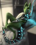  2018 anthro bed bionic_arm covering covering_breasts covering_crotch cybernetic_tail female green_eyes inside kobold looking_at_viewer lying nude on_back on_bed signature slit_pupils solo spikes w4g4 window 