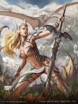  alex_negrea armor bare_shoulders bird blonde_hair blue_eyes bodysuit breasts center_opening cleavage cloud flower grass headband legend_of_the_cryptids lipstick long_hair makeup midriff navel official_art pterodactyl sky solo sword teeth weapon 