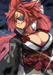  1girl baiken black_kimono breasts center_opening cleavage commentary eyepatch facial_mark guilty_gear guilty_gear_strive highres japanese_clothes kimono large_breasts long_hair looking_at_viewer momo_juice moon mouth_hold night outdoors pink_eyes pink_hair ponytail scar scar_across_eye scar_on_face signature solo star_(sky) untranslatable_commentary 