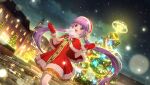  1girl artist_request breath building capelet christmas christmas_lights christmas_ornaments christmas_tree cloud cowboy_shot dress fur-trimmed_capelet fur-trimmed_dress fur-trimmed_headwear fur_trim game_cg hat highres long_hair looking_ahead mittens night official_alternate_costume official_art open_mouth outdoors pantyhose purple_eyes purple_hair red_capelet red_dress red_mittens santa_costume santa_hat sky smile snow solo sophie_(christmas)_(tales) sophie_(tales) standing star_(sky) tales_of_(series) tales_of_crestoria tales_of_graces third-party_source twintails very_long_hair white_pantyhose 