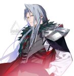  1boy armor black_feathers black_gloves closed_mouth feather-trimmed_cape feathers final_fantasy final_fantasy_vii final_fantasy_vii:_ever_crisis gloves green_eyes grey_hair hand_on_own_hip highres long_hair long_sleeves looking_at_viewer male_focus official_alternate_costume parted_bangs sephiroth shoulder_armor solo upper_body watermark white_background yunyunonigiri 