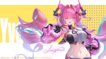 1girl ;d absurdres arknights arknights:_endfield bare_shoulders black_gloves black_horns black_shirt blue_eyes blue_hair blush breasts character_name collarbone commentary cowboy_shot detached_sleeves diamond_in_eye double_bun dragon_girl dragon_horn dragon_horns gloves groin hair_between_eyes hair_bun hair_intakes hair_on_horn hand_on_own_hip highres horns large_breasts long_hair looking_at_viewer midriff multicolored_gloves multicolored_hair multicolored_horns navel one_eye_closed open_mouth pink_hair pink_horns pink_sleeves pink_vest pointy_ears shirt sidelocks signature smile solo standing strapless strapless_shirt streaked_hair twitter_username two-tone_gloves two-tone_horns vest white_shirt yvonne_(arknights) zuic 