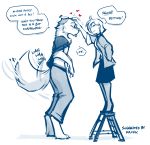 &lt;3 2018 anthro barefoot blush canine clothed clothing colin_(twokinds) cute dialogue digitigrade dog duo english_text eyes_closed female hi_res human keidran larger_male male mammal monochrome petting samantha_potts side_view simple_background size_difference sketch smaller_female smile stepladder tailwag text tom_fischbach tongue tongue_out twokinds webcomic white_background 