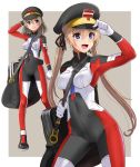  :d bag blonde_hair blue_eyes bodysuit brown_hair commentary_request covered_navel eyebrows_visible_through_hair hat katahira_masashi multiple_girls open_mouth original peaked_cap purple_eyes skin_tight smile twintails 
