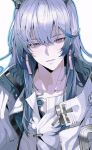  1boy absurdres ai_nanjie arknights black_horns blue_outline brown_eyes chinese_commentary collarbone commentary_request earrings grey_eyes grey_hair hair_between_eyes high_collar highres horns jacket jewelry long_hair lower_teeth_only male_focus outline parted_lips pointy_ears portrait simple_background smile solo teeth white_background white_jacket yi_(arknights) 