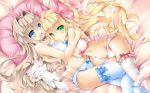 :d animal antenna_hair bangs bare_arms bare_shoulders bed blonde_hair blue_bow blue_bra blue_eyes blue_legwear blue_panties blush bow bow_bra bow_panties bra braid breasts cat closed_eyes commentary_request eyebrows_visible_through_hair green_eyes hair_between_eyes hair_bow hair_intakes highres hug kamiya_tomoe large_breasts light_brown_hair long_hair lying multiple_girls navel on_back on_side open_mouth original panties pillow pink_bow pink_bra pink_panties red_bow ribbon-trimmed_bra ribbon-trimmed_panties ribbon_trim smile striped striped_legwear thighhighs twintails underwear underwear_only very_long_hair 