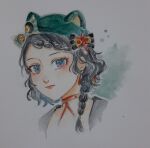  1girl animal_ear_headwear animal_ears aqua_bow aqua_hat beret black_bow black_hair black_shirt blue_eyes bow braid cat_ears choker closed_mouth collarbone commentary cropped_shoulders earrings english_commentary expressionless eyelashes fake_animal_ears flower gradient_eyes hair_bow hair_flower hair_ornament hair_ribbon hair_tubes hat hat_bow highres jewelry light_blush lipstick long_hair looking_at_viewer makeup multicolored_eyes nikki_(series) nonoberry22 nostrils outline purple_eyes red_choker red_flower red_lips ribbon shining_nikki shirt side_braid solo spider_lily studded_choker stylist_(nikki) tassel tassel_earrings traditional_media two-tone_bow wavy_hair white_outline yellow_bow yellow_ribbon 