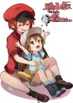  :d =_= \o/ ae-3803 age_difference ahoge arms_up bag baseball_cap blush boots brown_eyes cabbie_hat closed_eyes commentary_request cross-laced_footwear full_body hands_on_another's_chest hat hataraku_saibou highres jacket light_brown_hair long_hair multiple_girls open_mouth outstretched_arms platelet_(hataraku_saibou) red_blood_cell_(hataraku_saibou) red_hair red_jacket shirt shoes short_hair shorts shoulder_bag signature simple_background sitting sitting_on_lap sitting_on_person smile sneakers spread_legs throwing white_background yamacchi 