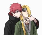  2boys akatsuki_uniform asymmetrical_bangs blue_eyes brown_eyes deidara_(naruto) eyeliner fishnet_top fishnets forehead_protector green_kimono highres hug hug_from_behind implied_yaoi japanese_clothes jewelry kimono long_hair looking_at_another low_ponytail makeup male_focus multiple_boys naruto_(series) naruto_shippuuden nervous_sweating parted_lips ponytail red_hair ring robe sasori_(naruto) short_hair simple_background sweat white_background yunhuri21670 